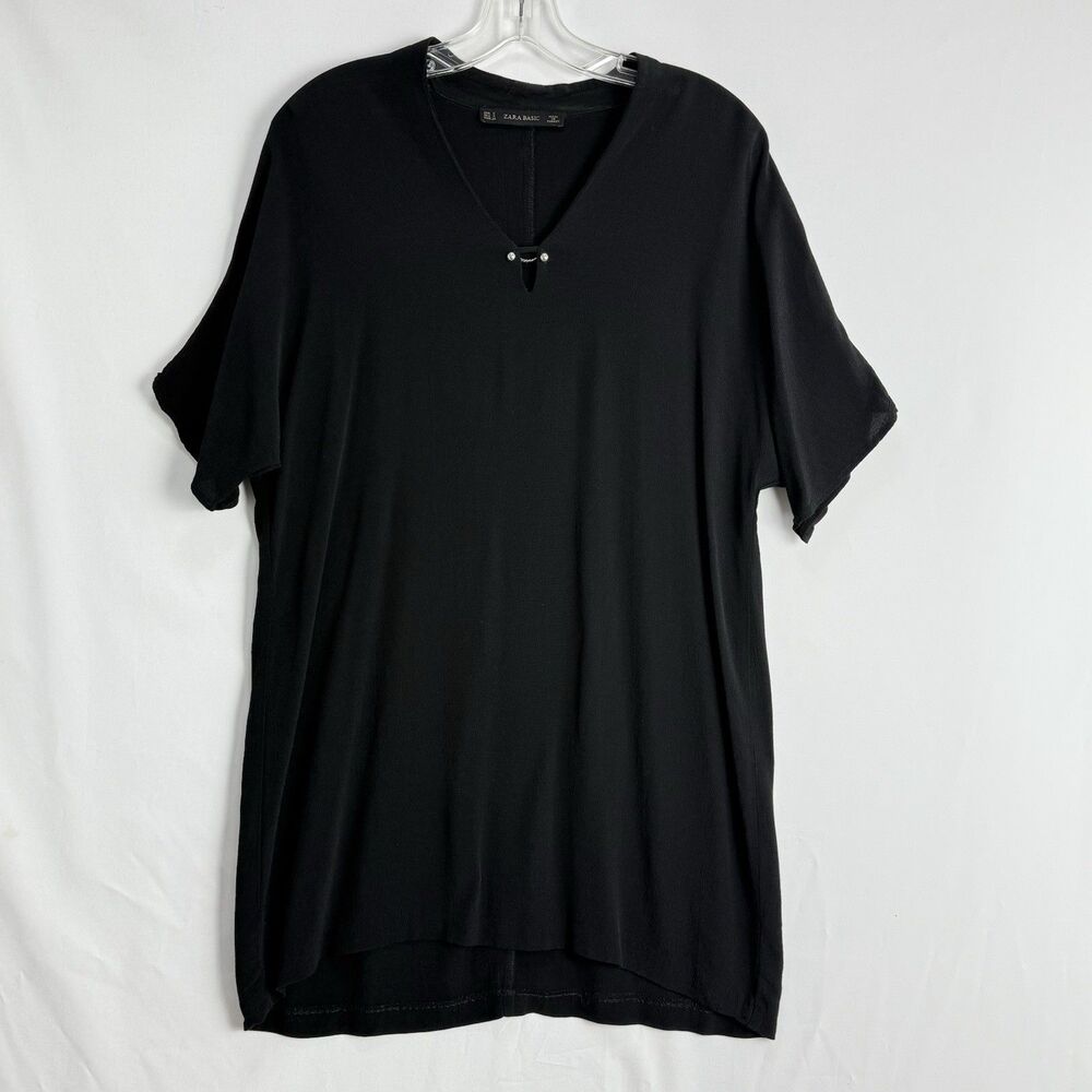 ZARA Basic Black Tunic top Women’s Size Small Short Sleeve V-Neck Minimalist